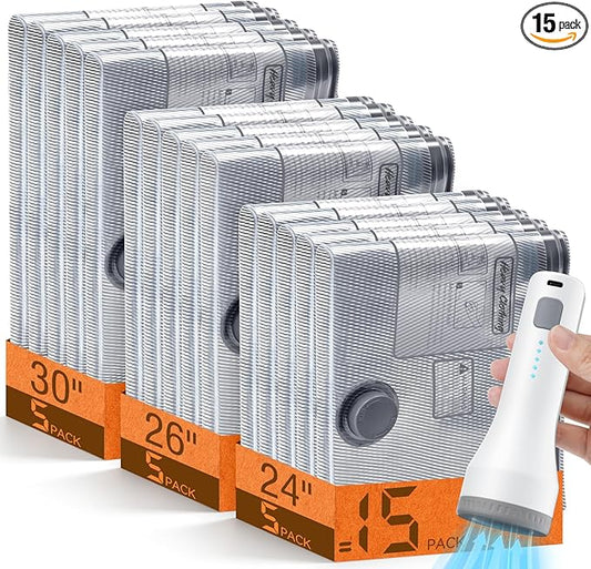 15 Pack Vacuum Storage Bags for Travel with Rechargeable Cordless Pump, Space Saver Bags for Clothes, Compression Packing Bags for Luggage and Suitcase, 15 Combo Size
