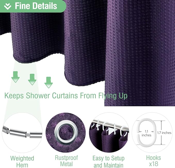 Dynamene Extra Wide Shower Curtain - 108 Inch Wide Waffle Weave Weighted Thick Cloth Bathroom Shower Curtain, Neutral Heavy Duty Hotel Bath Curtain Set with 18 Plastic Hooks,108x72, Purple