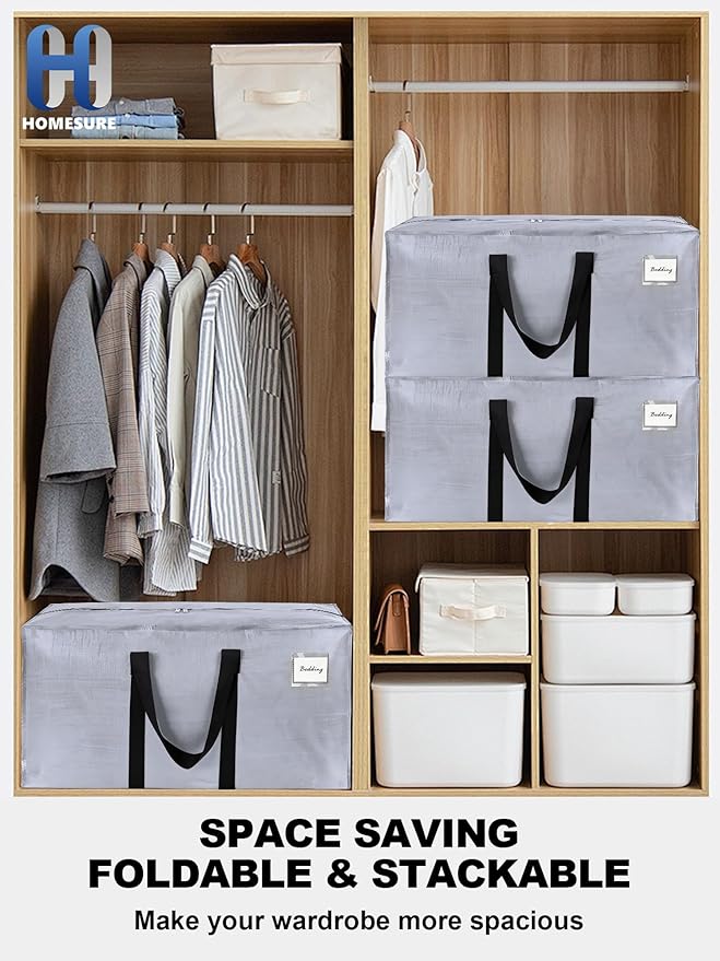 HOMESURE Supports 200lbs Heavy Duty Moving Bags - Strong Zipper & Wrap-Around Handles - Water-Resistant Storage Totes, Durable Alternative to Moving Boxes - 4 Pack - Silver