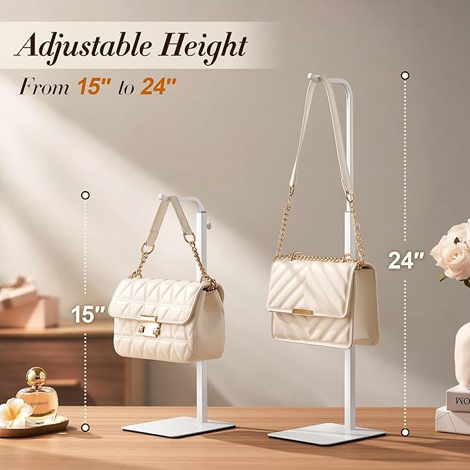 pickpiff Adjustable Purse Display Stands - White Tabletop Display Holder for Handbags, Wreaths and Banners, for Home Closets, Retail Displays and Vendor Booths (2-Pack) | Non-Slip Base