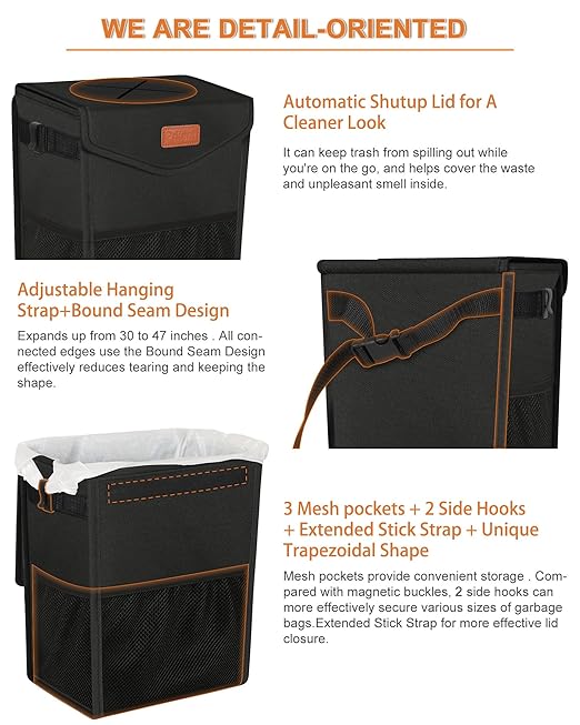 Pritent Car Trash Can with Lid, Cute Leakproof Car Trash Garbage Bag Hanging Vehicle Trash Bin Small Portable Automotive Garbage Cans Organizer for Back/Front Seat(4 Gallons,Black)