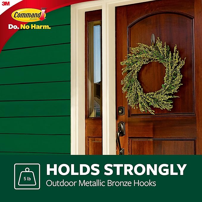 Command Outdoor Large Bronze Hooks, Holds 5 lb, 3 Hooks 4 Strips, Damage-Free, Weather Resistant for Hanging Decor