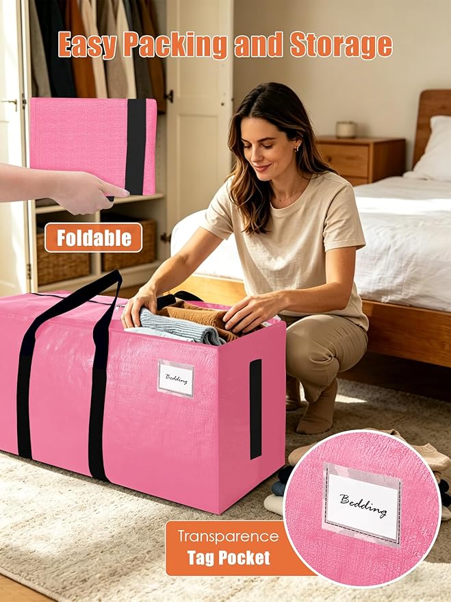 SWEET DOLPHIN 12 Pack 200LB Heavy-Duty Moving Bags with Wrap-Around Handles, Extra Large Storage Totes for Space Saving, Clothes Storage Bags, College Dorm Essentials, Pink, 24 Gal
