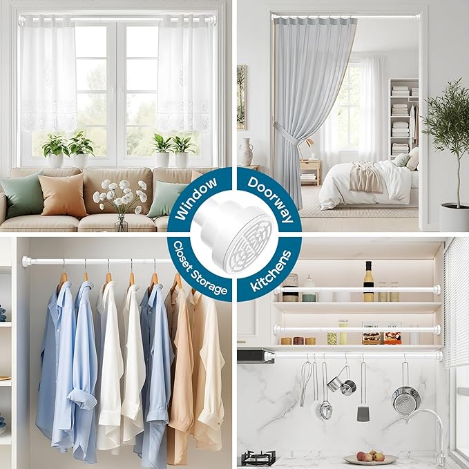 AIZESI 32-64 Inch Tension Curtain Rod No Drilling White Spring Loaded Curtain Rods Adjustable Tension Rod for Window Bathroom Doorway Closet Storage