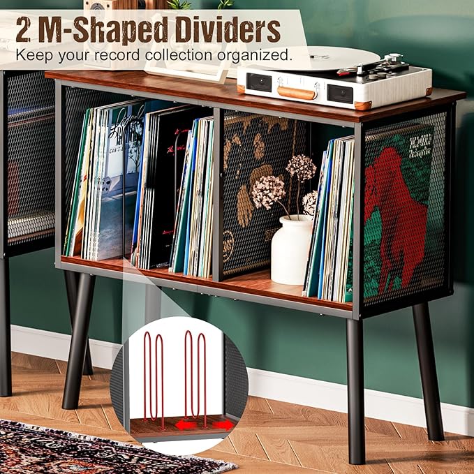 Record Player Stand with Adjustable Divider Vinyl Storage Holder Up to 200 Albums Mid-Century Large Record Player Table Vinyl Holder Turntable Stand End Table for Bedroom & Living Room, Patent Pending