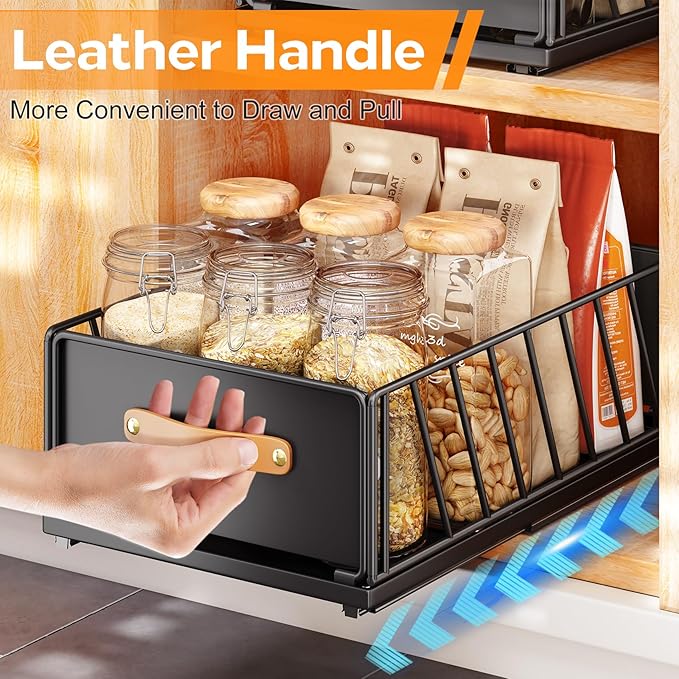 Pull out Cabinet Organizer Fixed with Adhesive Nano Film,Heavy Duty Slide out Pantry Shelves Drawer Storage,Sliding Mesh Cabinet Basket with Handle for Kitchen, Bathroom,Home, 11.8"W X15.7"D X6.2"H