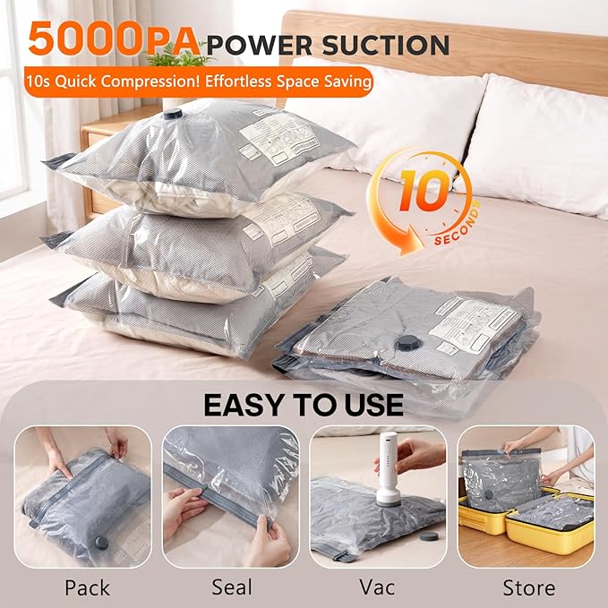 12 Pack Vacuum Storage Bags with Pump, Space Saver Travel Bags with Rechargeable Wireless Pump, Reusable Tear-Proof Compression Packing Cubes for Heavy Clothes/Bedding/Luggage/Moving 12 Combo Size