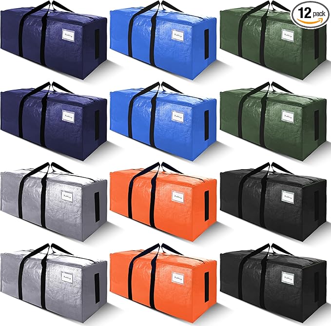 SWEET DOLPHIN 12 Pack 200LB Heavy-Duty Moving Bags with Wrap-Around Handles, Extra Large Storage Totes for Space Saving, Clothes Storage Bags, College Dorm Essentials, Multicolor, 24 Gal