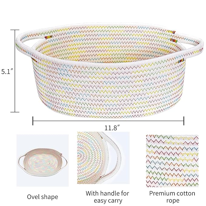 ABenkle Small Woven Basket, 12"x 8" x 5" Cute Small Basket, Rope Room Shelf Storage Basket, Cat Dog Toys Basket Chest Box, Empty Decorative Gift Basket with Handles - Colorful Thread