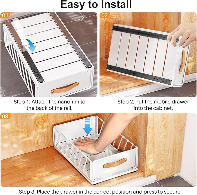 Pull out Cabinet Organizer Fixed with Adhesive Nano Film,Heavy Duty Slide out Pantry Shelves Drawer Storage,Sliding Mesh Cabinet Basket with Handle for Kitchen, Bathroom,Home, 13.8"W X 21"D X6.2"H