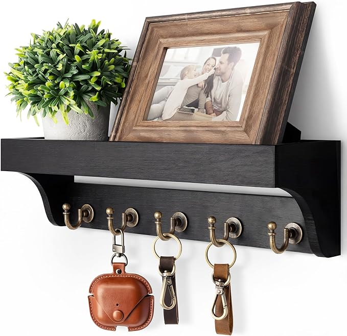 Rebee Vision Key Holder for Wall with Shelf : Decorative Key Organizer with 5 Rustic Keys Hooks and Primitive Wood Mail Organizer Wall Mount - Entryway Décor (Black)