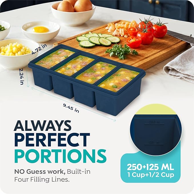 1 cup Silicone Freezer Trays with Lids, Soup Container Style Ice Cube Trays, Easily prepare portioned meals, Great for storing soups, leftovers, sauces and other dishes, Dishwasher, Oven Safe – 2 Pack