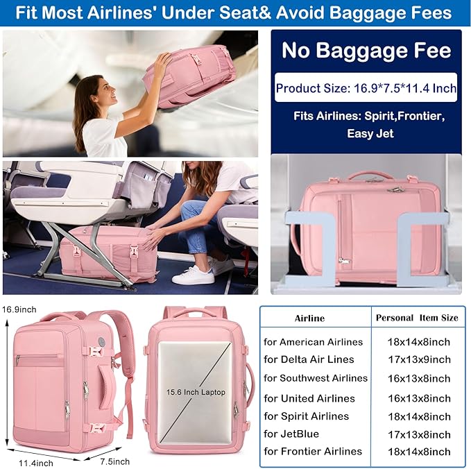 Carry On Backpack for Women,Travel Backpack Flight Approved,Underseat Personal Item Travel Bag With Shoe Compartment, TSA 15.6" Laptop Back Pack Casual Daypack for College Weekender Business,Pink