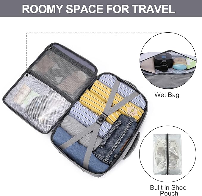 EZUOLA Personal Item Travel Backpack for Men Women,Carry On Backpack with Shoe Pouch, TSA 15.6inch Laptop Mochila Flight Approved,College Teacher Bag Casual Daypack for Hiking Outdoor Weekend,Grey