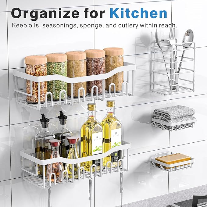 Shower Caddy 5 Pack,Adhesive Shower Organizer for Bathroom Storage&Home Decor&Kitchen,No Drilling,Large Capacity,Rustproof Stainless Steel Bathroom Organizer,Shower Shelves for Inside Shower-Larger