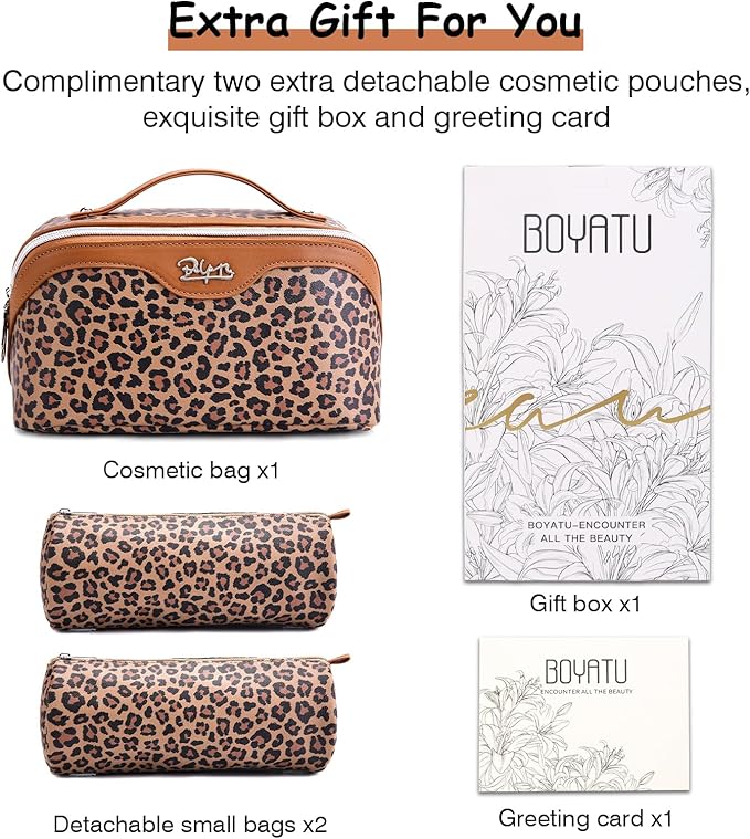 BOYATU Travel Makeup Bags Organizer for Women: 3 Pcs Set Leopard Cosmetic Bag - Large Make up Bag with Compartments - Flat Open Waterproof Leather Toiletry Bags for Skincare, Brushes & Travel - Brown