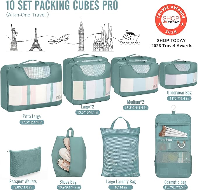 Veken 10 Set Packing Cubes for Travel Essential, Suitcase Organizer Bags in 4 Sizes, Carry-On Luggage Accessories with Large Laundry & Shoes Bag, Must-Have for Airplane, Road Trip & Camping