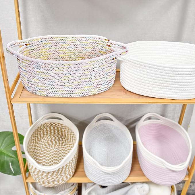ABenkle Small Woven Basket, 12"x 8" x 5" Cute Small Basket, Rope Room Shelf Storage Basket, Cat Dog Toys Basket Chest Box, Empty Decorative Gift Basket with Handles - Colorful Thread