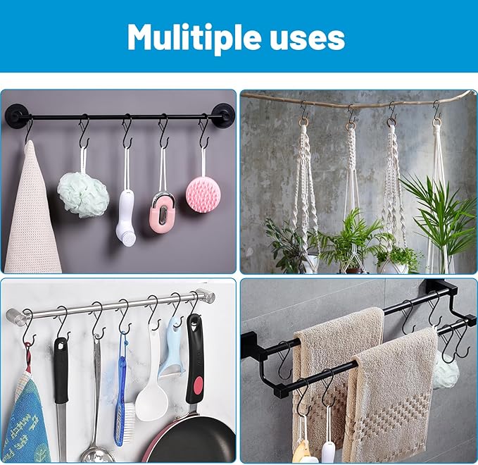 FSAH 17 Pcs S Hooks for Hanging Safety Buckle, 3.5 Inch Stainless Steel S Shaped Locking Hooks for Colleague Dorm, Kitchen, Plants Pots Towels Bags, Black
