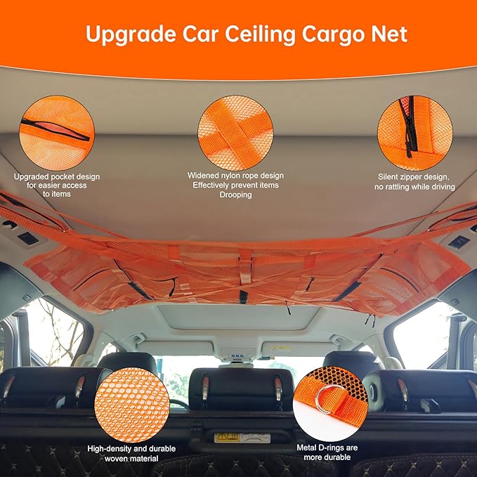 SUV Car Ceiling Cargo Net with Adhesive Straps,Double-Layer Mesh Car Roof Net Storage for Truck, Van,Travel Long Road Trip Camping Interior Accessories 39.3 X 23.6 Inch,Orange