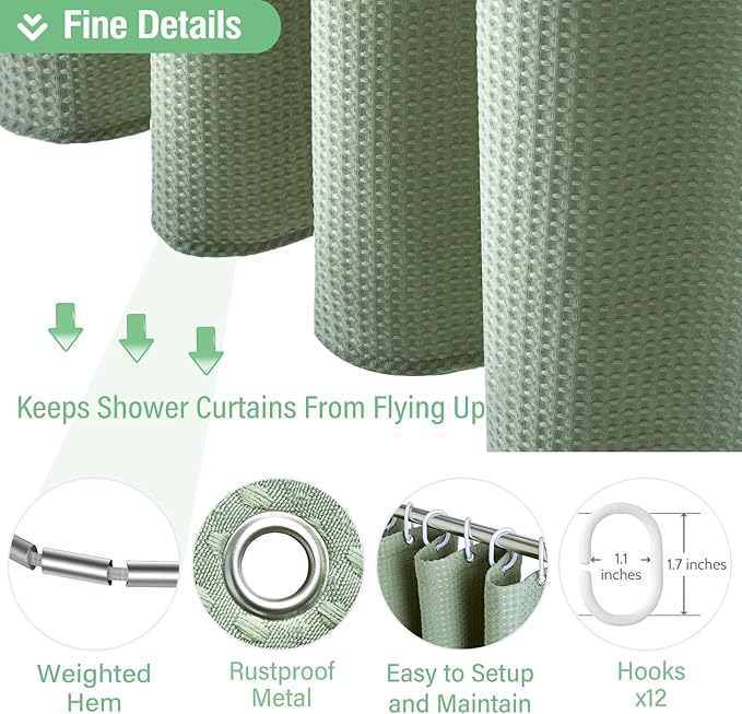 Dynamene Long Fabric Shower Curtain - Waffle Textured Tall Heavy Duty Cloth Shower Curtains for Bathroom, 256GSM Large Hotel Spa Luxury Bath Curtain Set with 12 Plastic Hooks(72Wx80H, Sage Green)