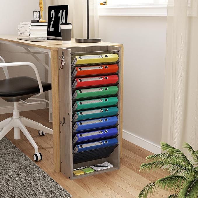 Creso hom Mail Organizer Wall Mounted, 11-Tier Hanging File Organizer with 4 Hooks, Wall File Holder for Papers, Folders, Documents, Bills, Magazines, Letters, Office&School Organization, Greige