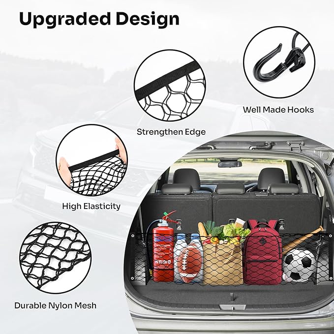 Canvcle Trunk Cargo Net for 2019-2025 2026 Hyun-dai Santa Fe Accessories Envelope Style Mesh Trunk Net Organizer and Storage Stretchable Adjustable Elastic Nylon Rear Cargo Netting with Hooks