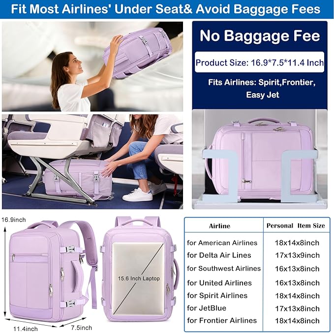 EZUOLA Travel Backpack for Women, 25L Carry On Backpack Airline Approved,Personal Item Travel Bag,Bookbag for College Essentials,Lightweight Work Back pack for Weekend Business,Gifts Purple