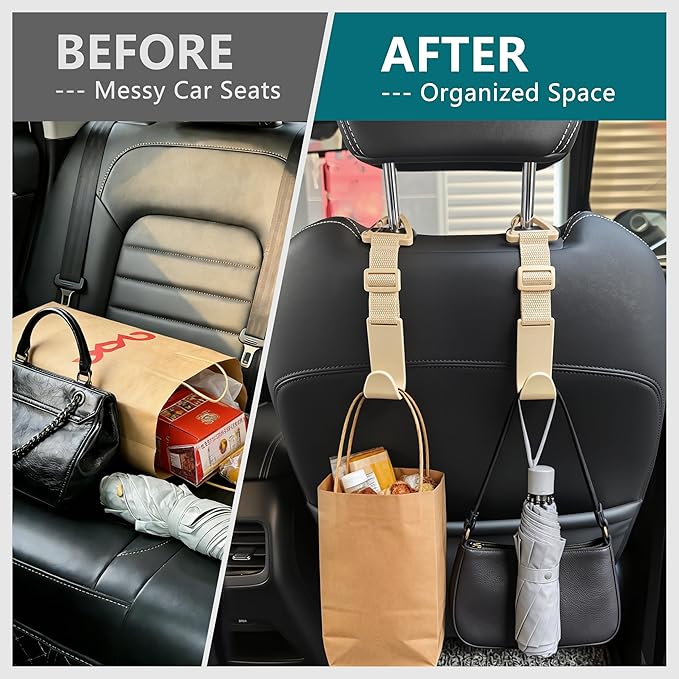 Amooca Headrest Hooks for Car Adjustable 4 Pack Vehicle Seat Back Organizer Storage Hanger Holder for Purse Bags Universal Fit with Clip Beige