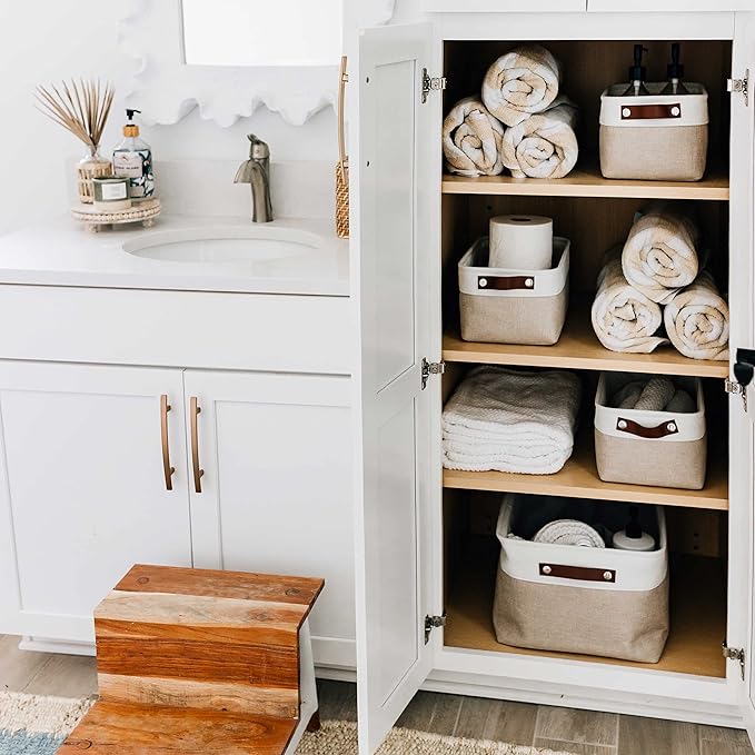 OrganiHaus Small Fabric Storage Baskets 6 Pack, 12x8in Cloth Storage Bins for Shelves, Small Baskets for Organizing Bathroom Pantry Closet, Canvas Shelf Baskets, Beige/Off-White