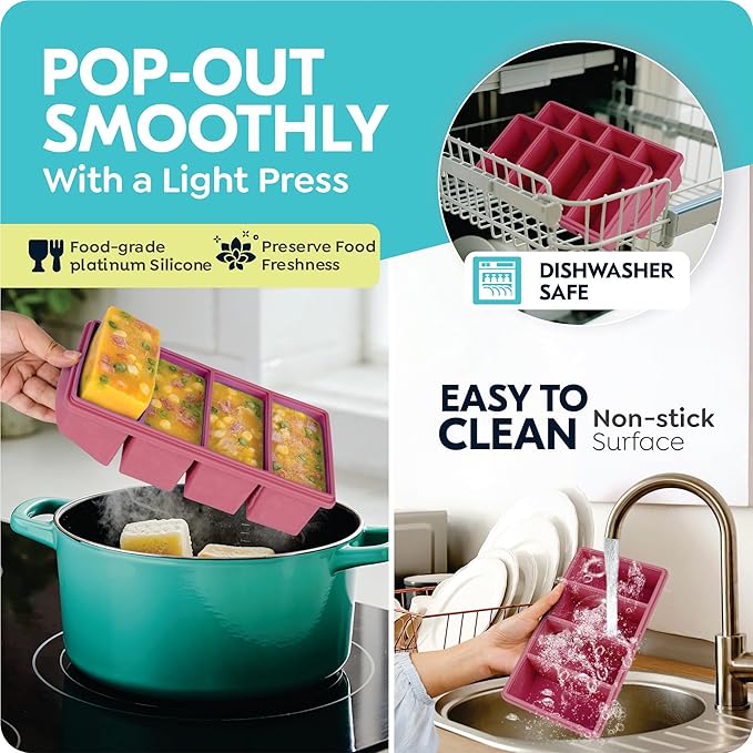 1 cup Silicone Freezer Trays with Lids, Soup Container Style Ice Cube Trays, Easily prepare portioned meals, Ideal for storing soups, pasta, sauces, and leftovers; dishwasher oven safe - 2-pack