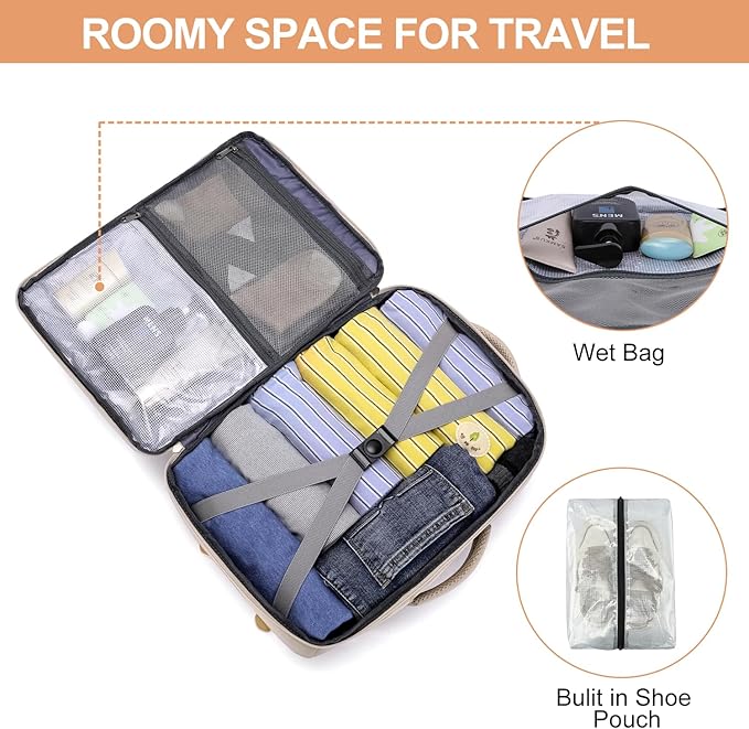 EZUOLA Carry On Backpack, Travel Backpack for Men Women Airline Approved, Underseat Personal Item Travel Bag With Shoe Compartment,Laptop Mochila 15.6inch Casual Daypack for Weekender College,Beige