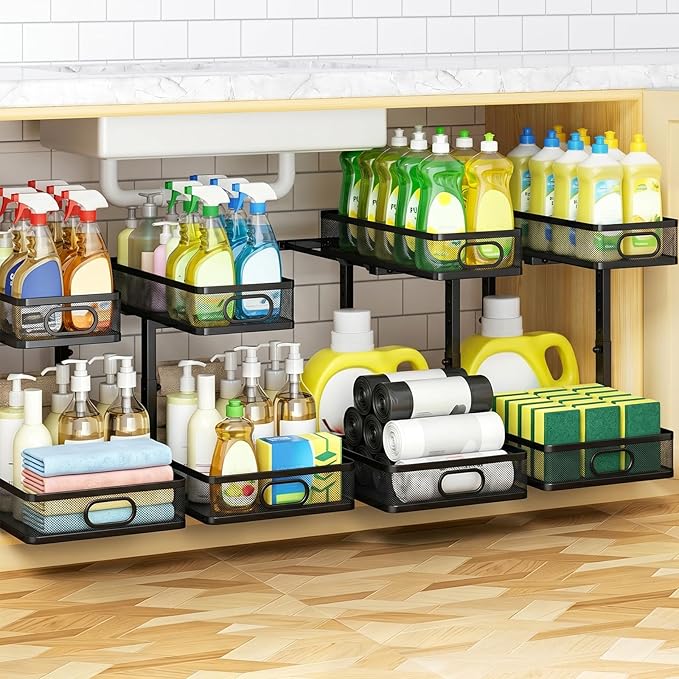 Under Sink Organizer 4-Pack, Metal 2-Tier Pull-Out Cabinet Shelf with Slide-Out Mesh Drawers, Height Adjustable, Space-Saving Under Sink Storage Racks for Kitchen, Bathroom, Laundry Room