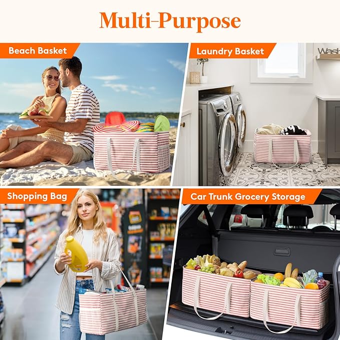 Lifewit Extra Large Tote Bag, Reusable Grocery Bags with Metal Wire Frame and Handles, Standing Utility Foldable Shopping Bags for Storage, Picnics, Beach, Laundry, Car, 46L, 2 Pack, Pink