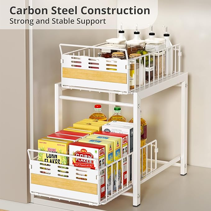 Under Sink Organizer, 2-Tier Pull Out Cabinet Organizer with Heavy-Duty Carbon Steel Sliding Shelves, Stackable Multi-Purpose Storage Rack for Kitchen Pantry Bathroom with Movable Dividers, White
