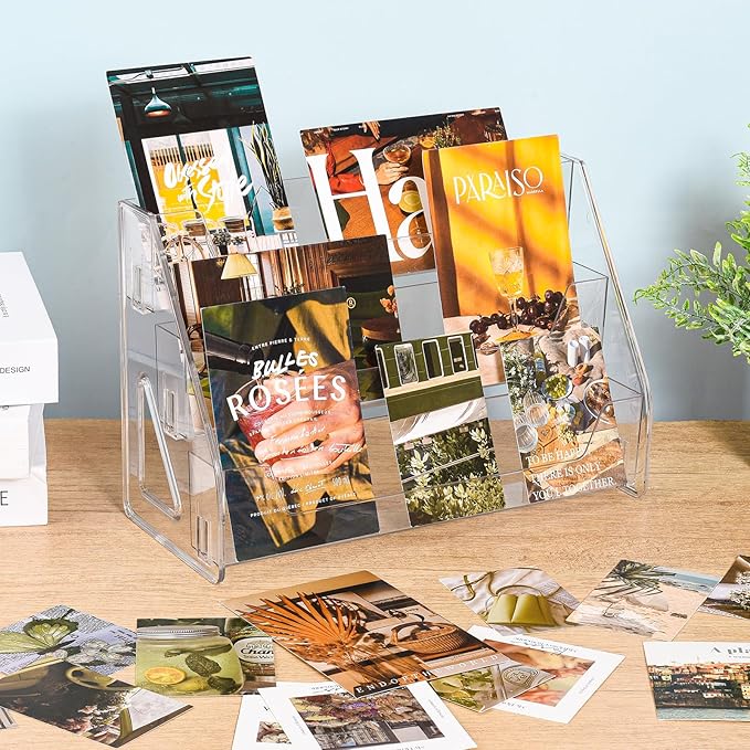 CELSOL 2 Pack Upgraded 3 Tier Acrylic Card Display Stand, Clear Display for Trading Cards, Greeting Cards, Sports Cards, Postcards, Stickers & Brochures, Easy Snap-On, Increased Height & Thickness for Better Presentation