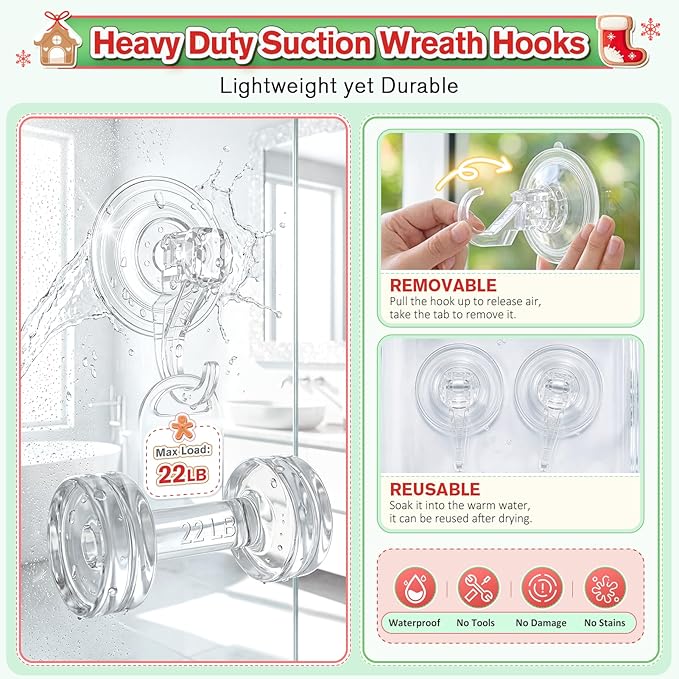 VIS'V Wreath Hanger, Large Suction Cup Wreath Hooks, Heavy Duty, 22 LB Capacity, Removable and Reusable, Clear, 2 Pcs