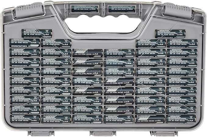Battery Daddy Storage & Organizer Case w/Tester, Stores & Protects Up to 180 Batteries, Double-Sided, Clear Locking Lid, Secure Latches & Portable Carrying Handle- Warm Grey (Batteries Not Included)