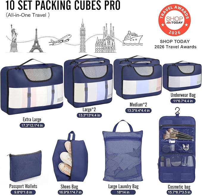 Veken 10 Set Packing Cubes for Travel Essential, Suitcase Organizer Bags in 4 Sizes, Carry-On Luggage Accessories with Large Laundry & Shoes Bag, Must-Have for Airplane, Road Trip & Camping