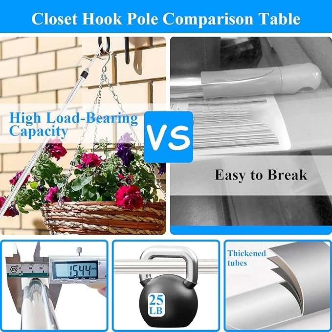 Clothes Hook Pole Heavy Duty,32 to 80In Retail Clothing Hook Pole Long Handle with 2 Hooks Hanging Birdfeeder Frosted Tube Extension Pole to Reach High Hangers for Turck (Silvery 80in)