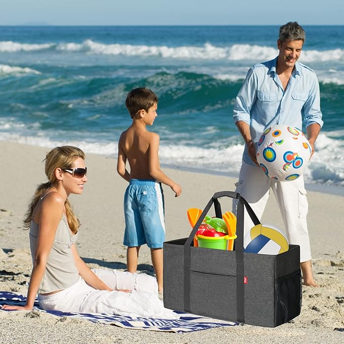 LHZK 2 Pack Extra Large Utility Tote Bag with Metal Wire Frame and the Sides Rinforced, Extra Large Tote Bag with Handle for Pool Beach Laundry Storage (Grey)