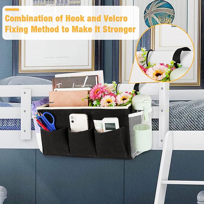 Lilithye Bedside Caddy Bedside Organizer Bedside Storage Caddy with Fixed Straps and Water Bottle Holder for Home College Dorm Bunk Bed Hospital Bed Crib Bed Rails (2pcs Black)