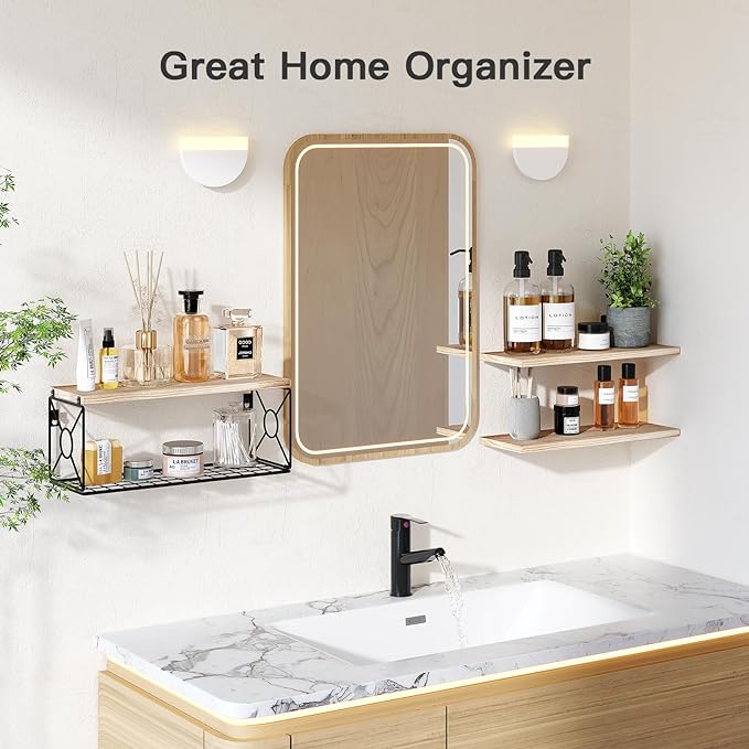 Amada Bathroom Shelves Over Toilet with Storage Basket, Floating Wall Shelf for Home Organization & Wall Decor, Bathroom/Kitchen/Living Room Shelves–Natural Wood