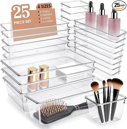 Clear Acrylic Drawer Organizers Set Storage for Makeup, Office Desk Small Vanity Trays for Drawer Bathroom Plastic Make up Organizers 25 Pcs