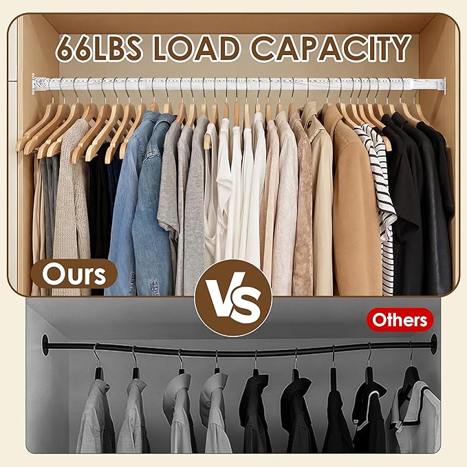 Closet Rod 17-75 Inches，1.3 Inch Diameter Heavy-Duty Adjustable Closet Rods for Hanging Clothes Closet Hanging Rod Metal Closet Poles for Wardrobes Laundry RV Bathroom（White Wood Grain Finish）
