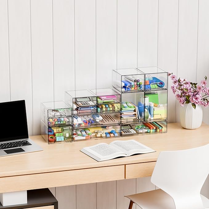Yieach 2.2'' Tall Small Clear Stackable Storage Drawers,6 Pack Stacking Acrylic Organizers Drawers for Hair Accessories,Makeup,Pen,Art Crafts,Office Supply Organizer and Desktop Plastic Mini Drawers