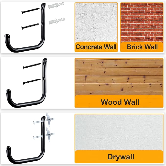 KURUI Wall Hooks for Garage Garden, 4 Pack Water Hose Holder, Large Garage Storage Hanger for Ladder Bike Extension Cord Tool, Wall Mount l Hooks, Black Heavy Duty 8 inch Long Hook