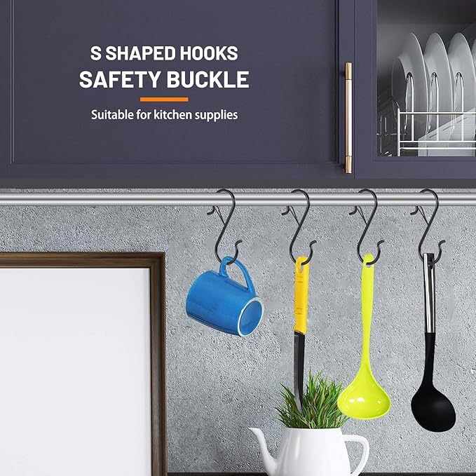 48 Pcs S Hooks for Hanging with Safety Buckle, 3.5 inch Heavy Duty Metal S Shaped Hooks Stainless Steel for Hanging Kitchen Utensil, Cups, Pots, Plants, Bags, Hats (Black)