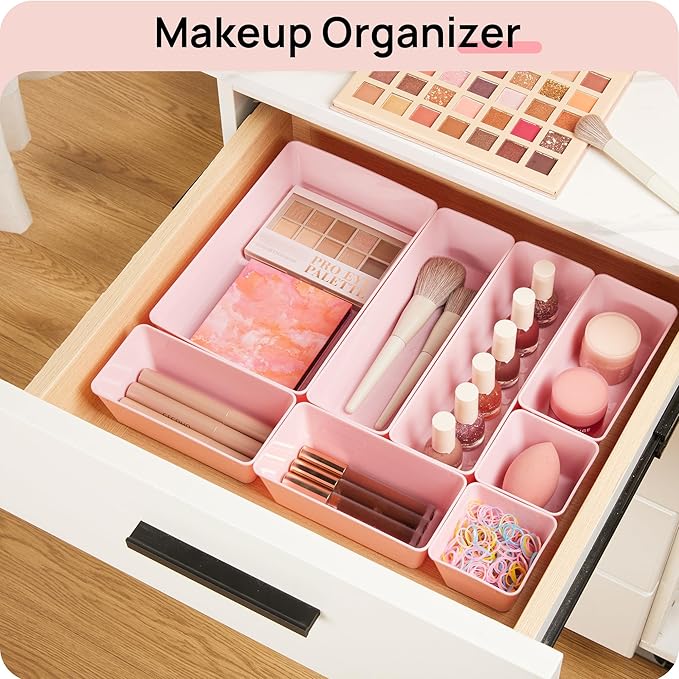 Vtopmart 72 PCS Plastic Drawer Organizers Set, 4-Size Versatile Bathroom and Vanity Organizer Trays, Non-Slip Storage Bins for Makeup, Jewelries, Kitchen Utensils and Office Desk, Pink | 72 PCS, 4-Size, Versatile, Non-Slip