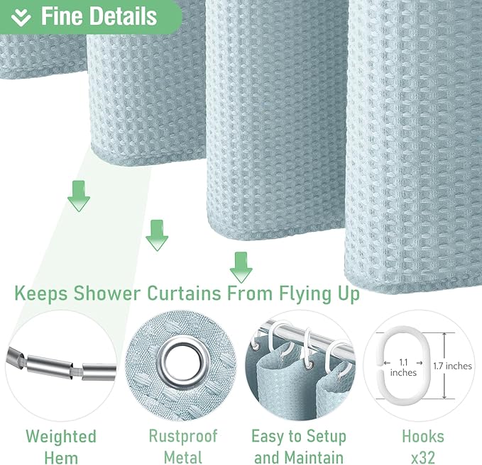 Dynamene Extra Wide Shower Curtain - 180 Inch Wide Waffle Weave Weighted Thick Cloth Bathroom Shower Curtain, Neutral Heavy Duty Hotel Bath Curtain Set with 32 Plastic Hooks, 180x72, Fog Blue